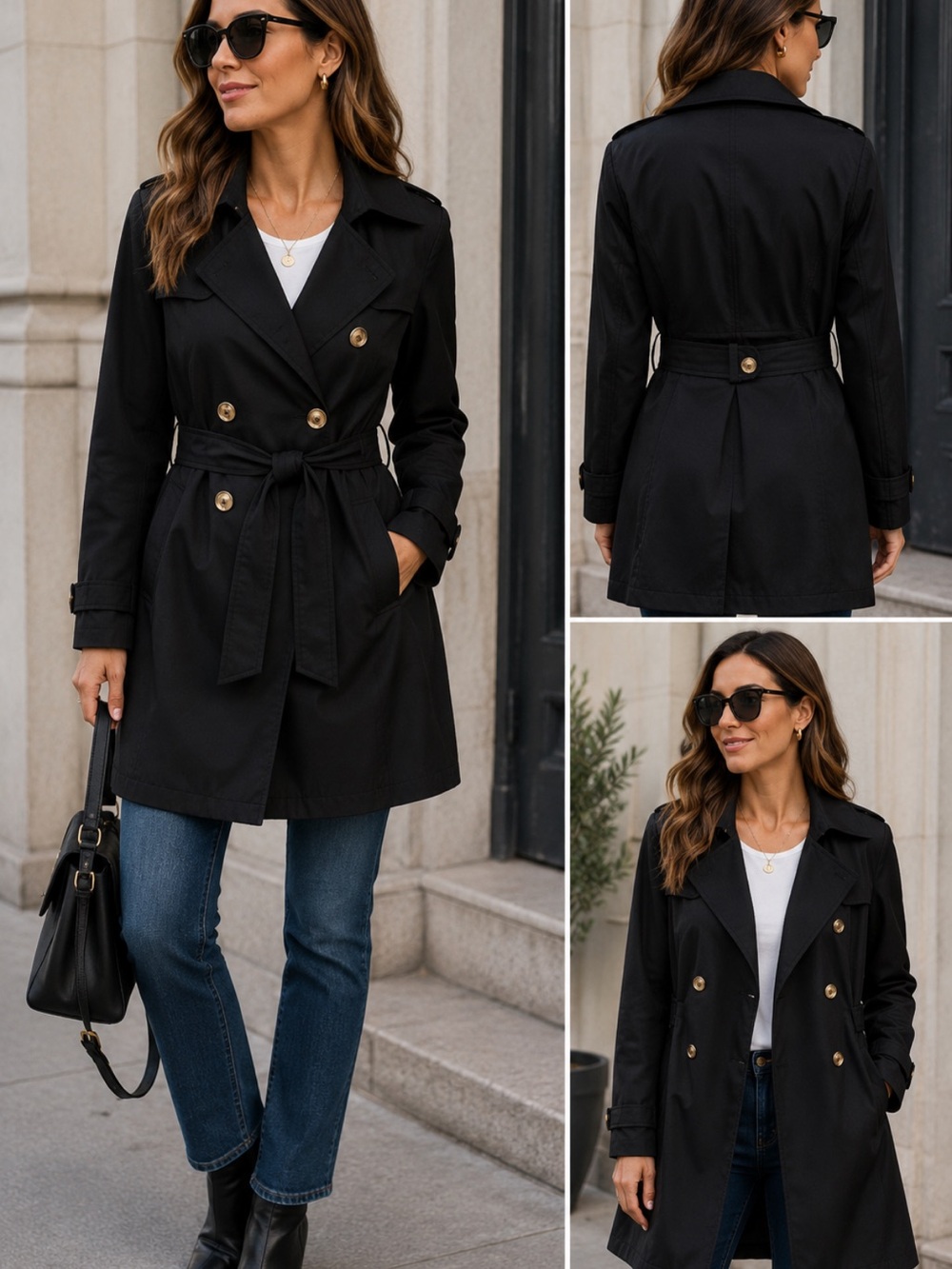 GUESS Est 1981 Black Belted Trench Coat Jacket XL Gold Button Double Breasted